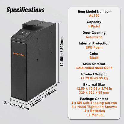 Mounted Gun Safe for Pistols, Biometric Gun Safe with Three Quick Access Ways of Fingerprints, Passwords and Keys, Handgun Safe for 1 Pistol for Home, Bedside, Nightstand, Wall